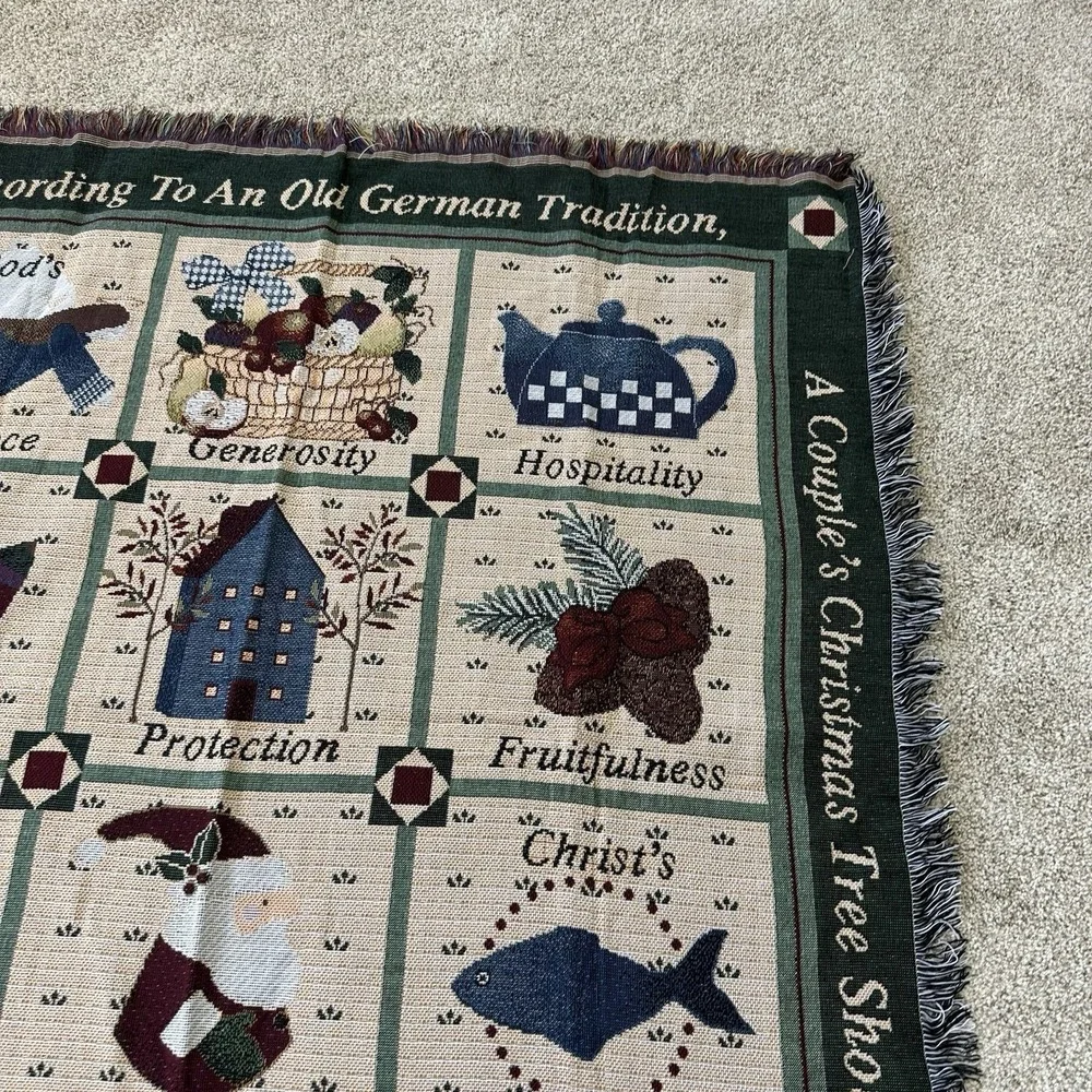 Vintage Woven Tapestry Throw Blanket German Christmas ornament tradition Couples